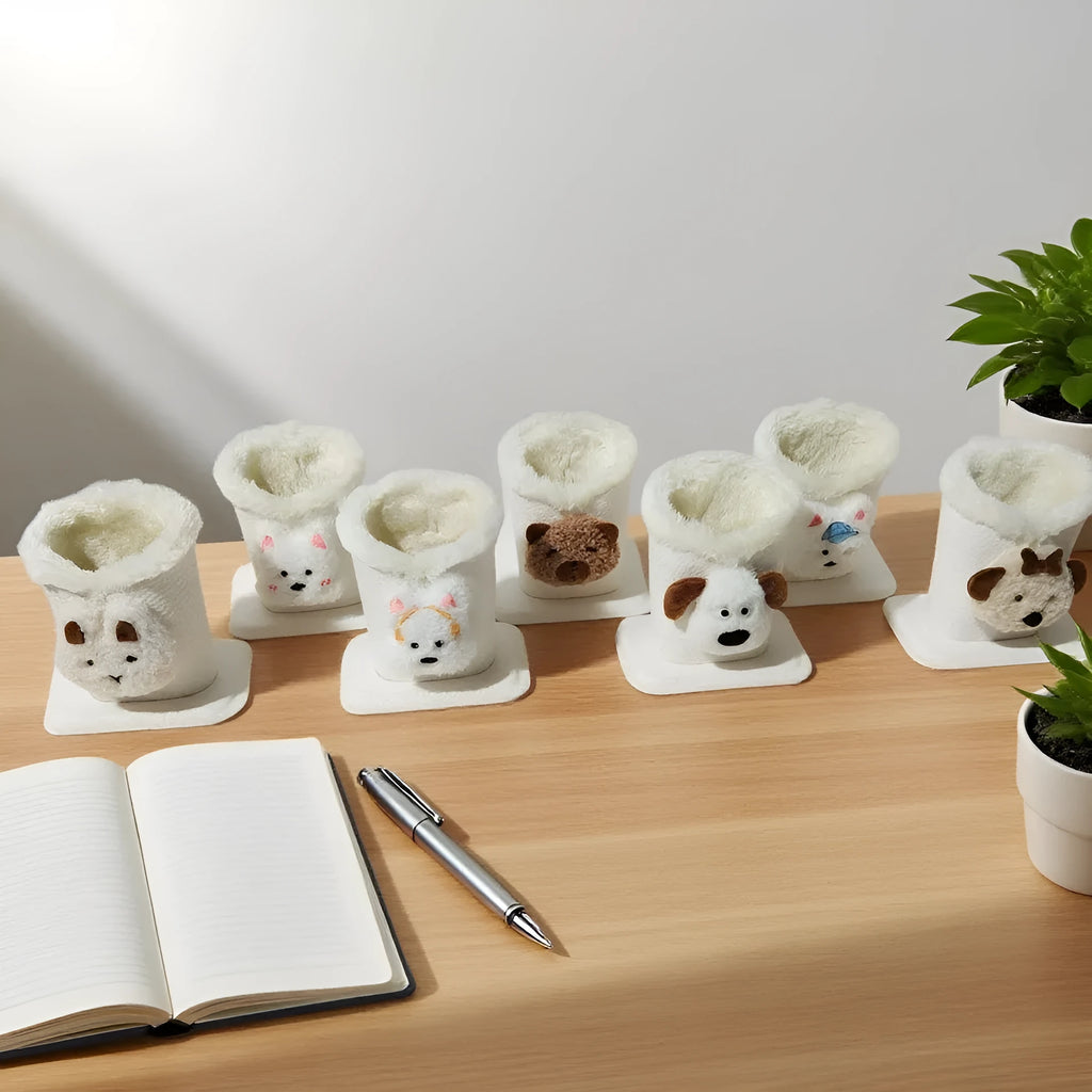 Nordic style fluffy cartoon desktop glasses storage bucket in leather with animal design, 11.6x8.1x12cm