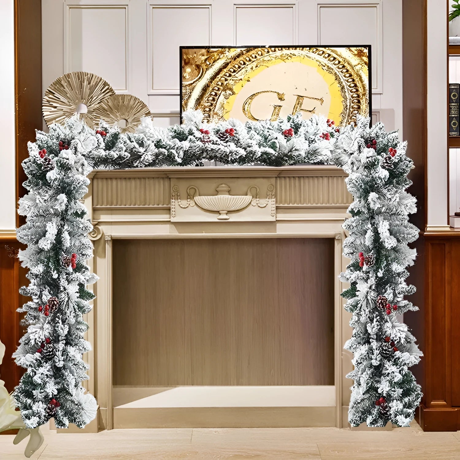 White flocked snow Christmas rattan vine decorative garland on green background