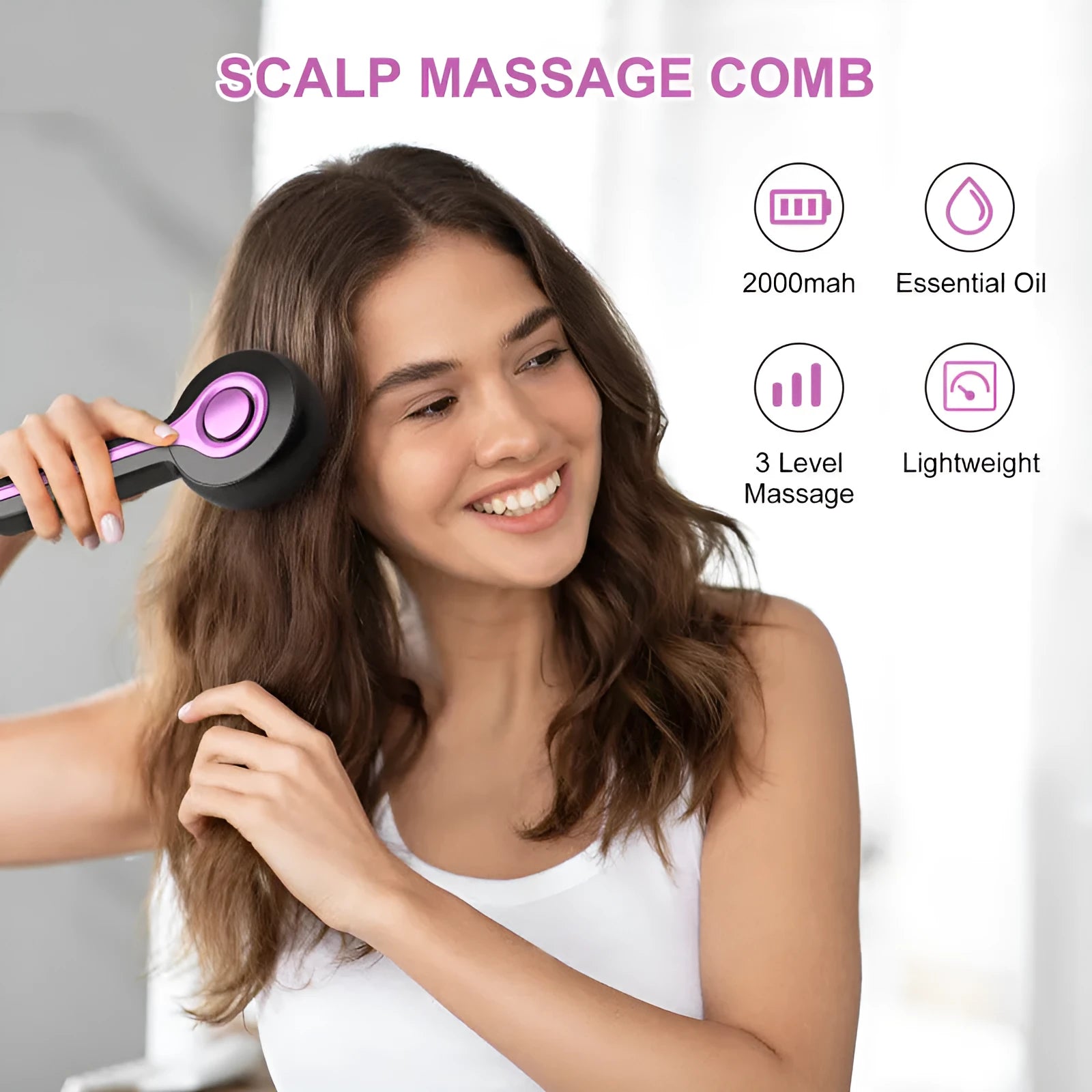 Anti-leak hair brush massage instrument in black with USB charging port and mechanical control buttons