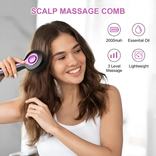 Anti-leak hair brush massage instrument in black with USB charging port and mechanical control buttons