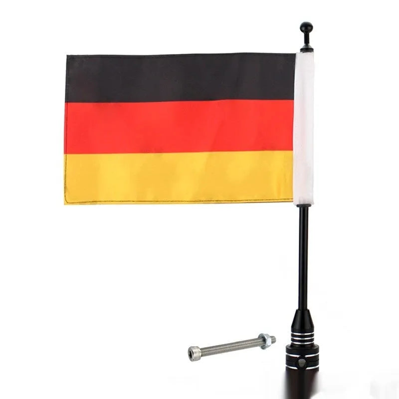 Black and silver aluminium motorcycle flagpole for mounting on luggage racks and top boxes.