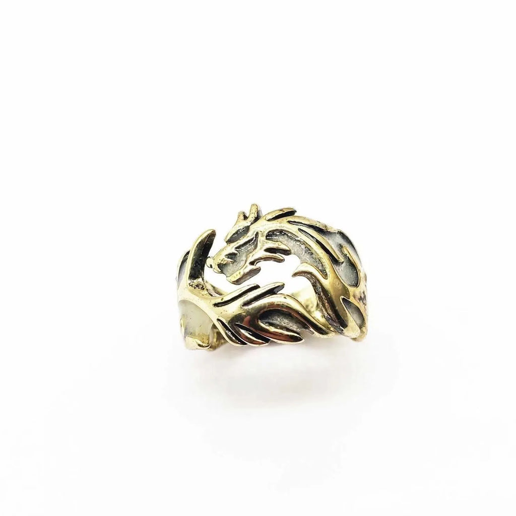 Adjustable Chinese dragon pattern ring in silver blue and green electroplated metal