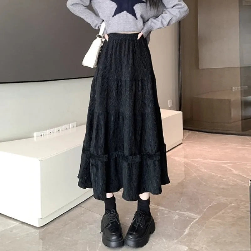 Corduroy A-line midi skirt with elastic waistband in solid colour options