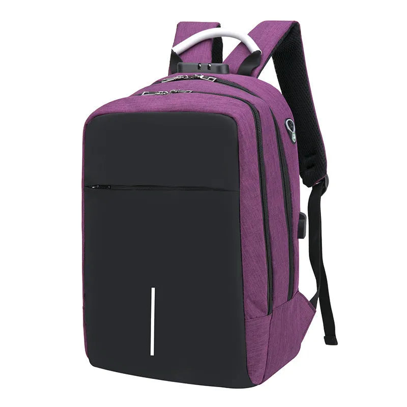 Anti-theft nylon backpack large 20L capacity with zip closure, colour contrast pattern, Korean style, available in black blue grey purple red