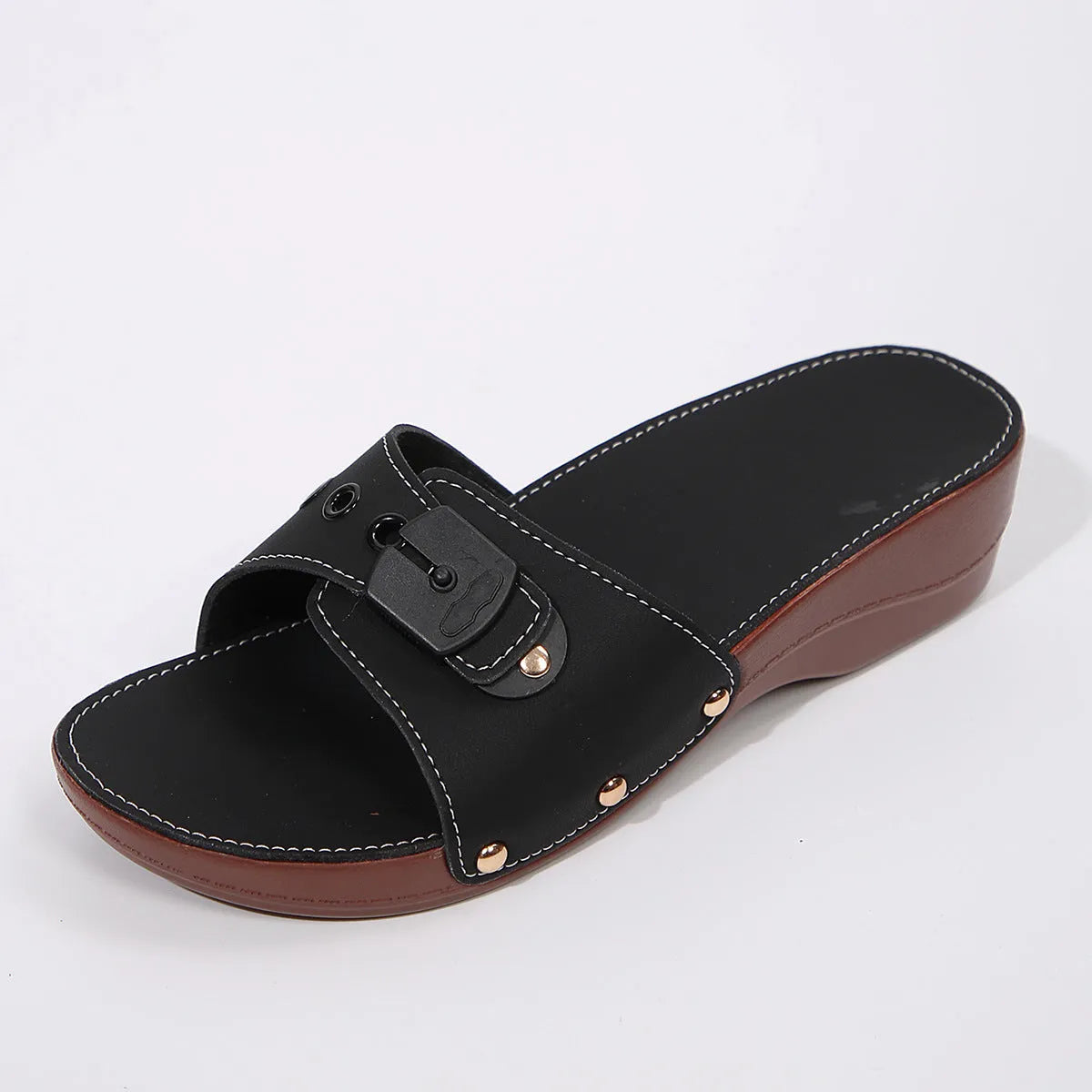 Women's PU leather belt buckle rivet lightweight leisure sandals with fish mouth toe, black colour