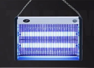 White plastic electric mosquito killer lamp with UV light tubes and metal electric grid for indoor insect control