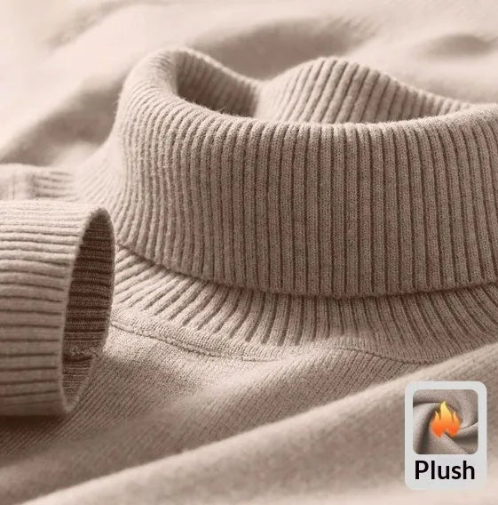 Plus size men's black knitted high-neck fleece-lined sweater on model
