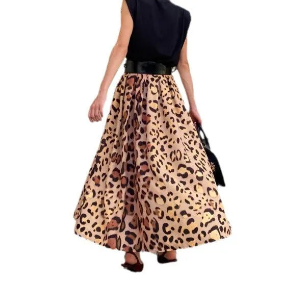 Brown leopard print women's A-line skirt with long length and big hem detail