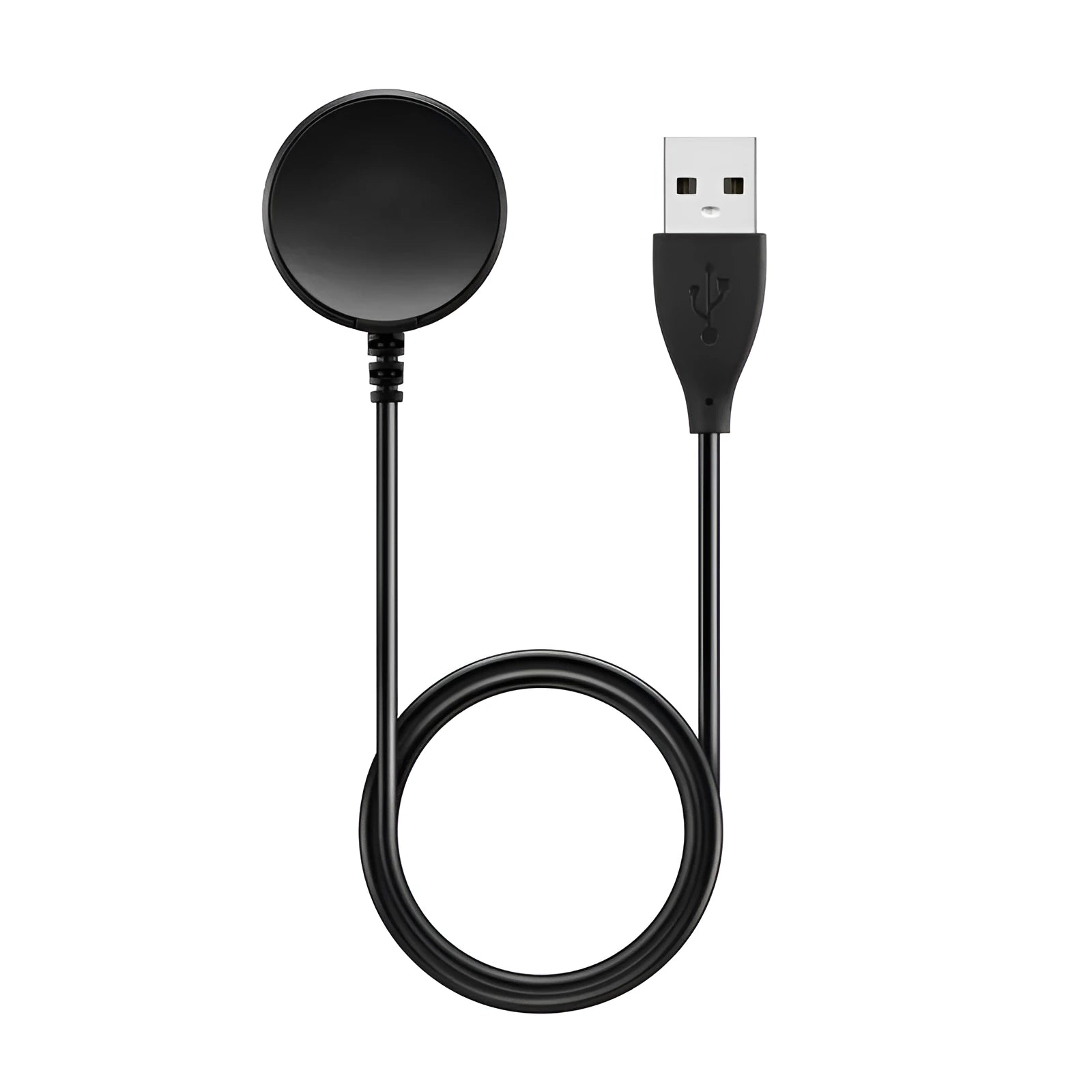 Black USB watch charger with fast charging cable showing 34mm compact dimensions