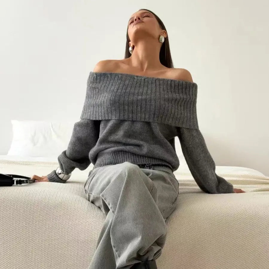 Strapless off-shoulder grey acrylic sweater with 3D pattern effect and regular sleeves