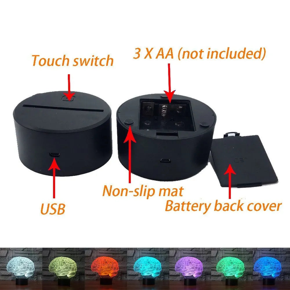 Brain-shaped 3D acrylic LED desk lamp with colour-changing lights on square black ABS base