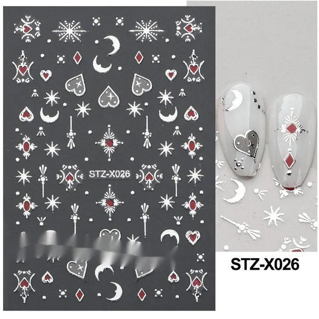 Sheet of black and silver strip nail art stickers with cartoon and love heart designs