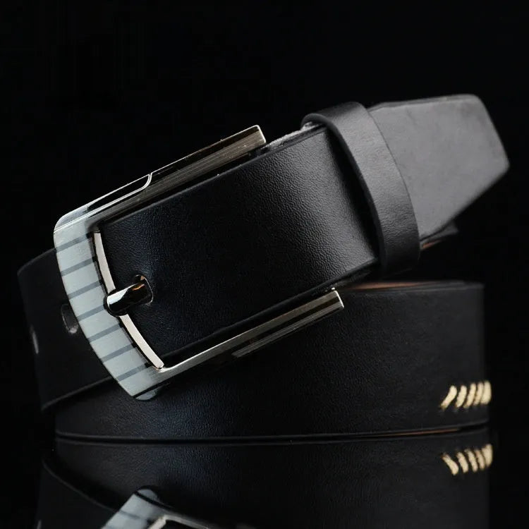 Men's retro style threading pattern belt with alloy pin buckle in black, brown or white