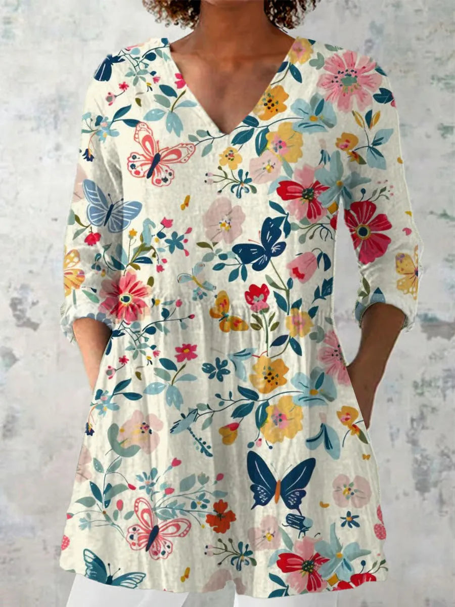 Women's retro slim fit long-sleeved polyester top with digital printing in multiple colour designs