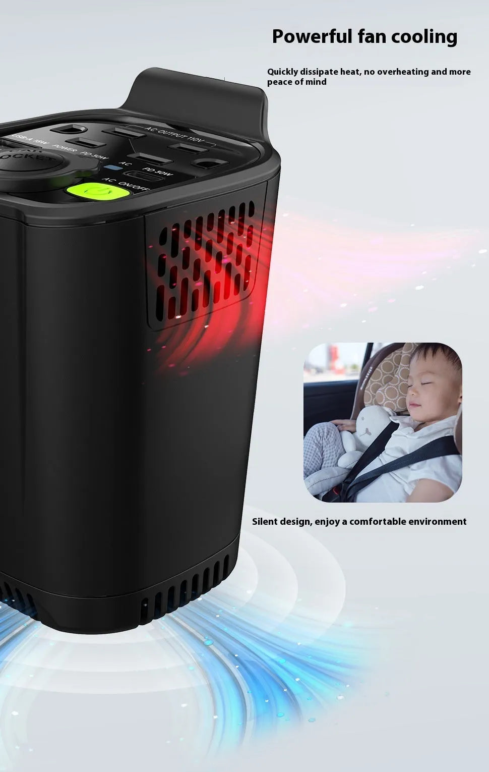 150W 12V to 110V inverter car charger with dual USB-C PD30W and USB-A 18W, fireproof ABS housing