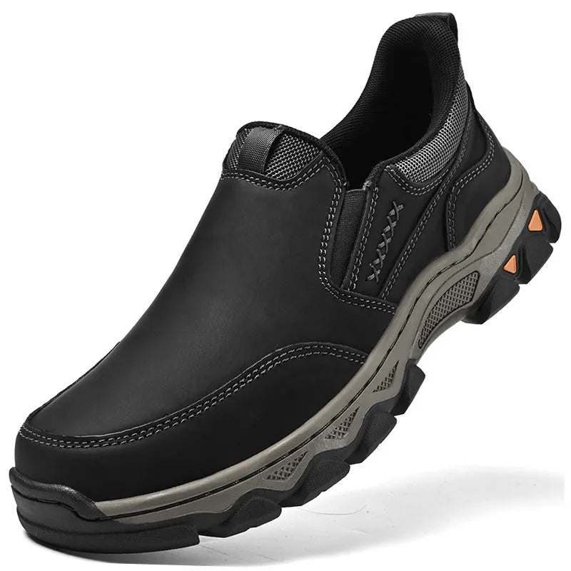 Men's dark brown casual shoes with PU leather upper and rubber sole shown in round toe flat heel design
