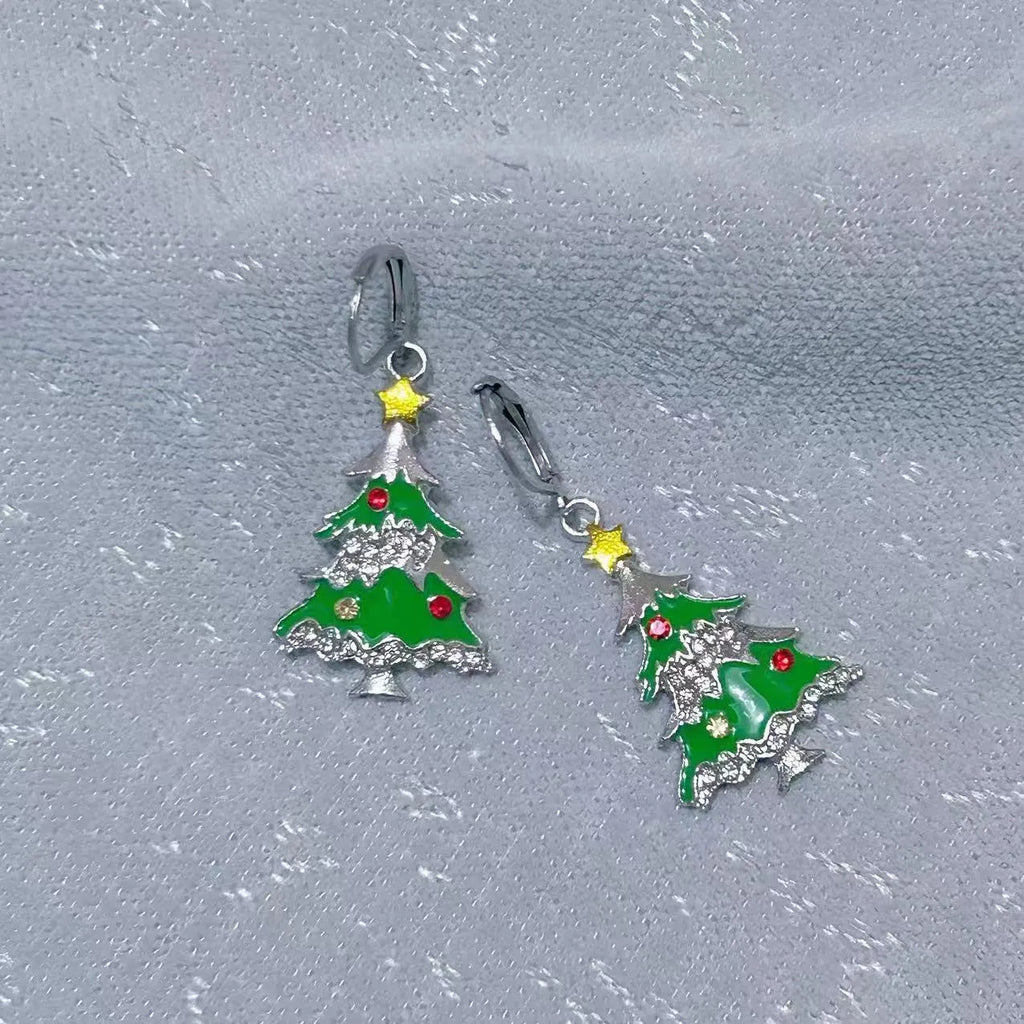 Christmas tree leaf-shaped alloy pendant necklace with rhinestone detailing and O-shaped chain