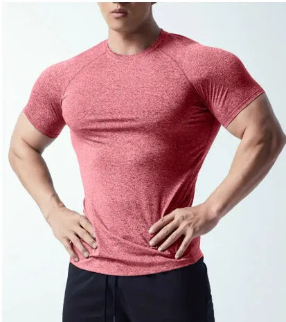Men's black stretch quick-drying short sleeve polyester t-shirt for running.
