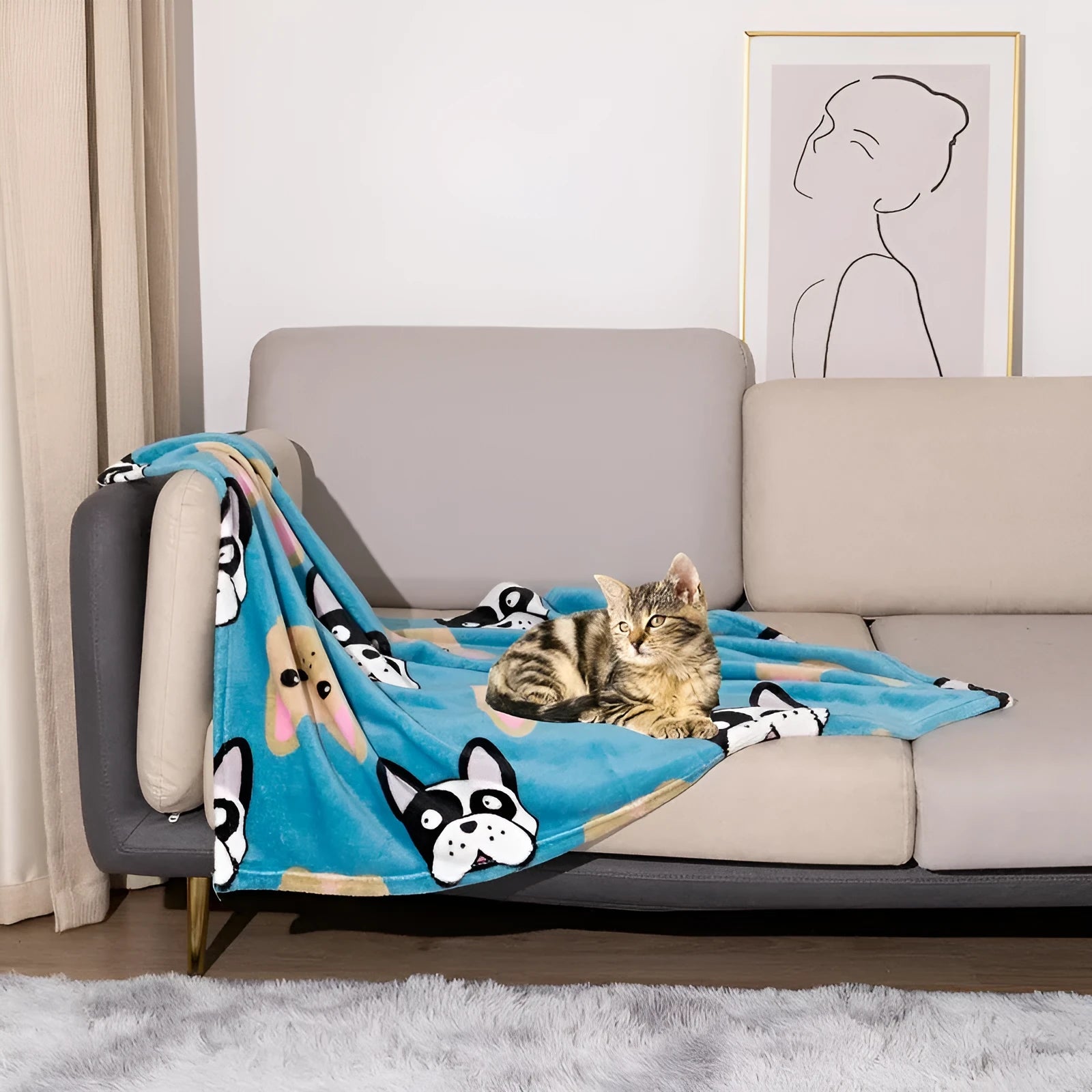 Blue dog cartoon pattern pet blanket showing double-sided flannel texture and size options