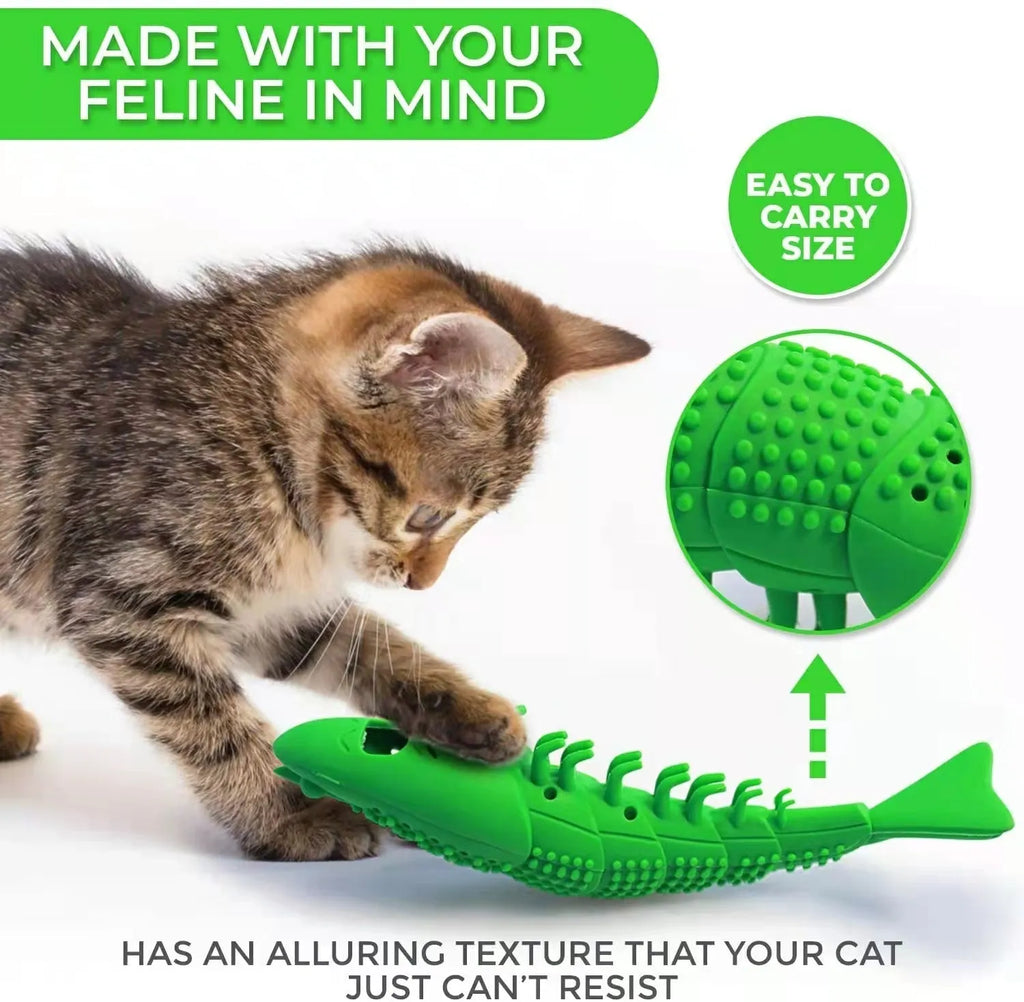 Blue hard rubber cat toy with teeth cleaning texture containing catnip and bell