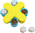 Yellow dog puzzle feeder bowl with three rotating layers and anti-slip rubber base