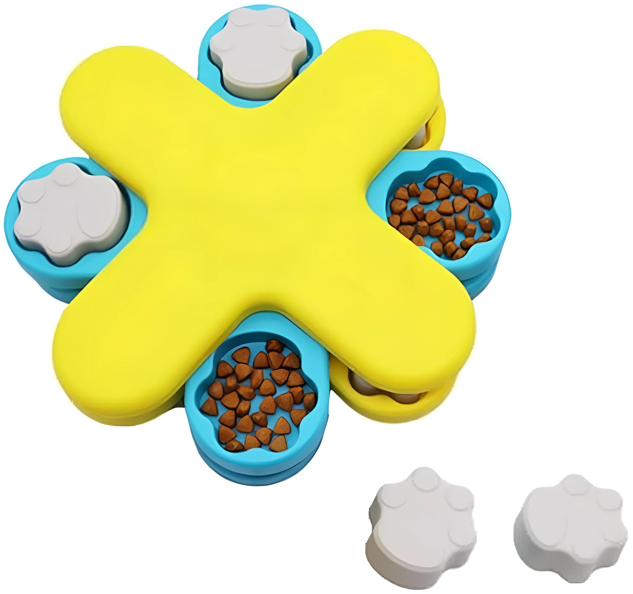 Yellow dog puzzle feeder bowl with three rotating layers and anti-slip rubber base