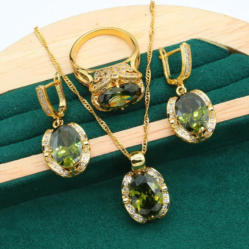 Women's zircon jewellery set with electroplated copper necklace, earrings, and ring in olive green or red colours