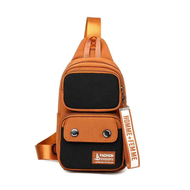 Outdoor leisure crossbody shoulder bag in nylon, shown in black, beige contrast, and light brown contrast colour options.