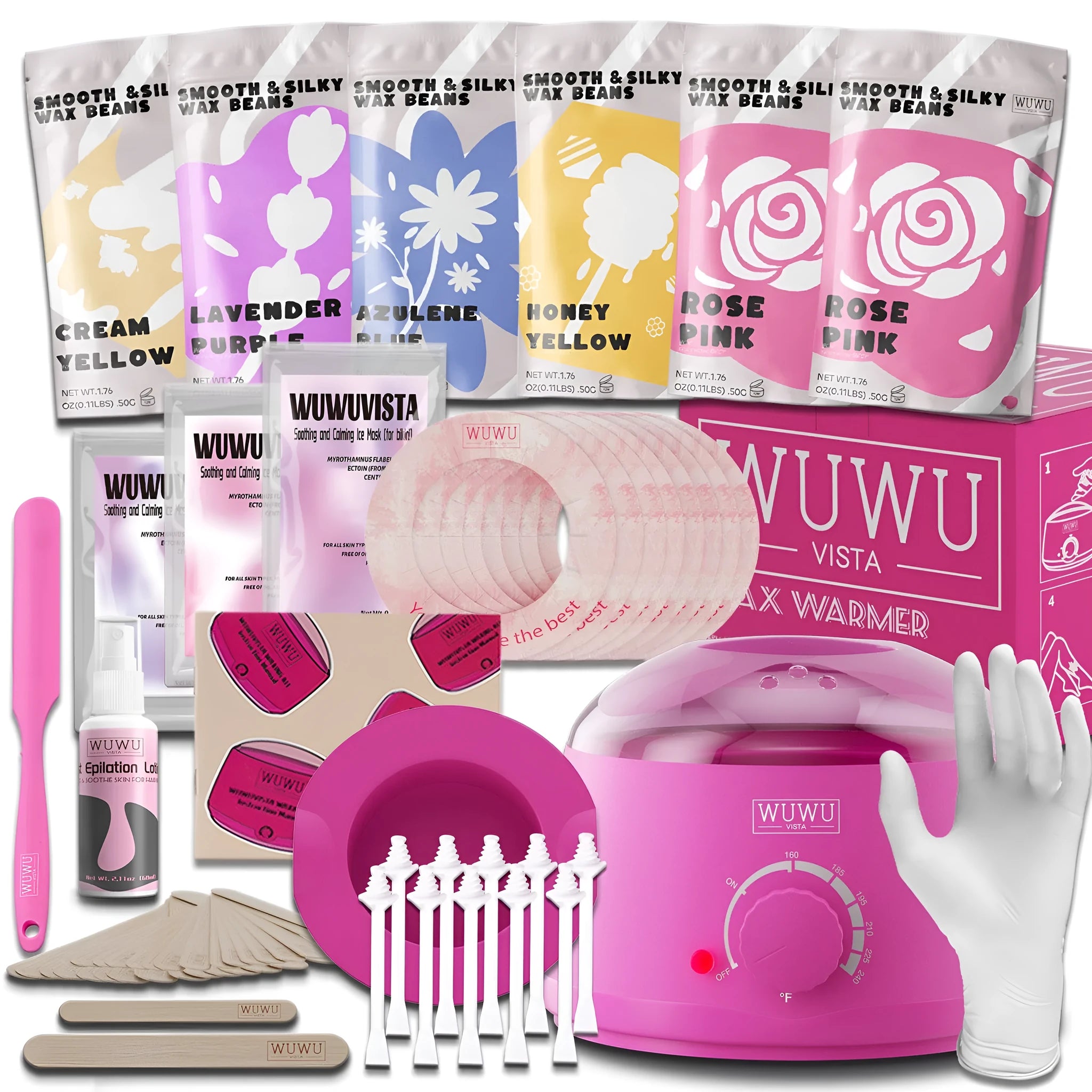 WUWUVISTA 56-piece professional waxing kit with wax warmer, wax beads, applicators and aftercare products
