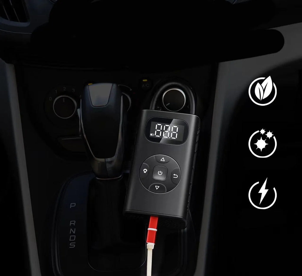 Black portable power bank tyre inflator with USB cable and 16cm hose for cars and bikes