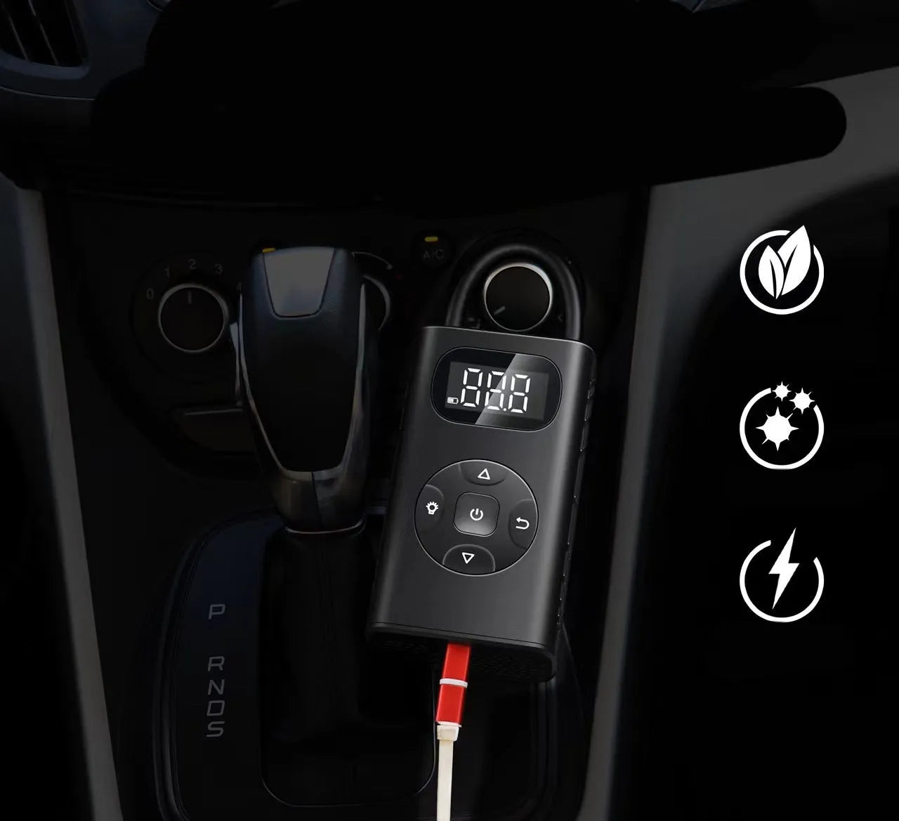 Black portable power bank tyre inflator with USB cable and 16cm hose for cars and bikes