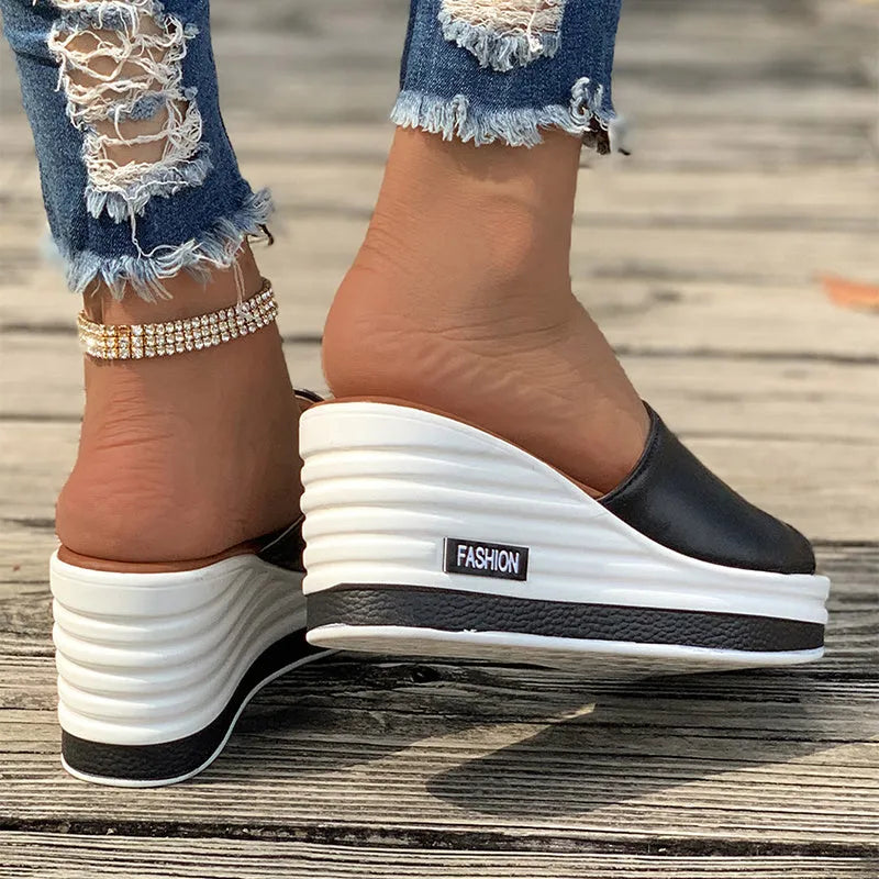 Women's fish mouth wedges sandals with hollow design high heel, PU upper, rubber sole, in black/white