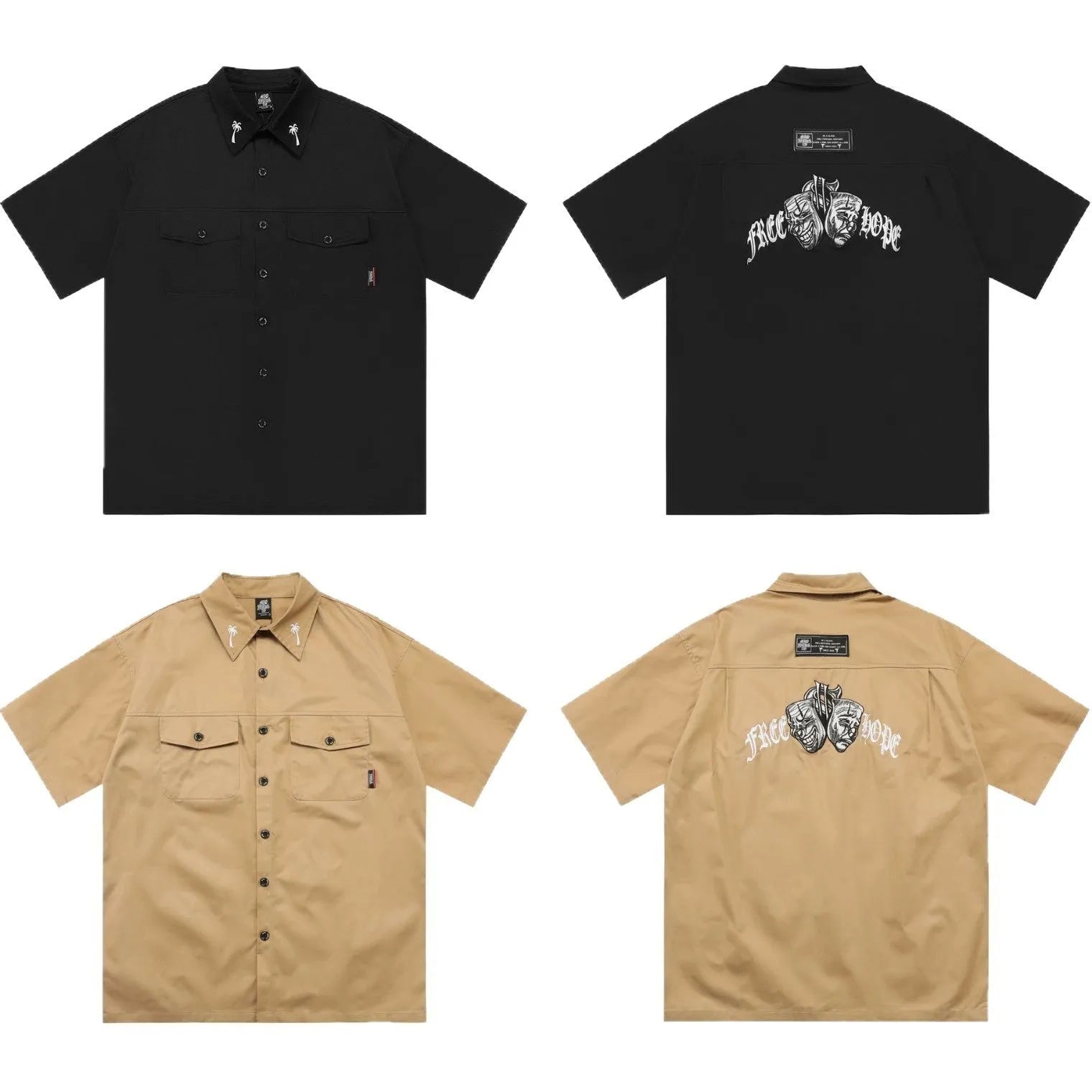 Men's loose black half-sleeve cotton shirt with embroidered chest pocket detail