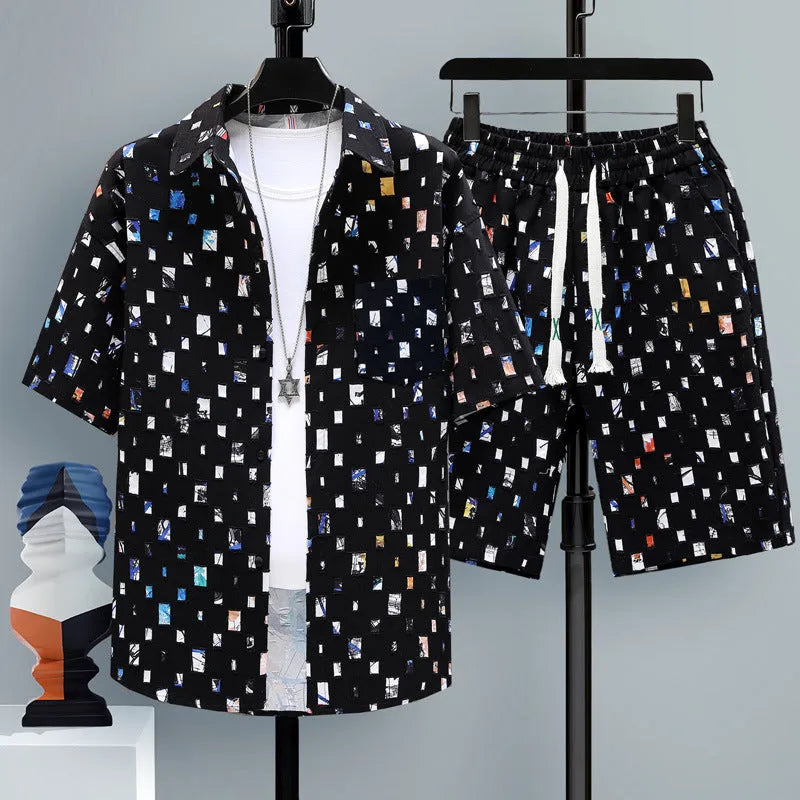 Men's casual sports shorts two-piece set with short sleeve top and matching polyester shorts