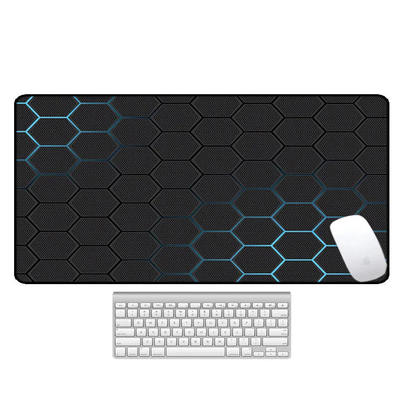 Large natural rubber desk mat with printed pattern, shown on a desk with keyboard and mouse.