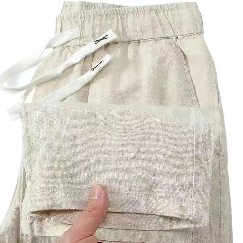 Pure linen Chinese-style straight-leg trousers with a drawstring waist in multiple colours.