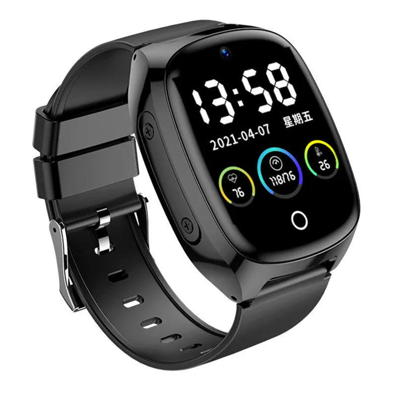 Black GPS tracker smartwatch for kids with a 1.54-inch touch screen on a wrist.