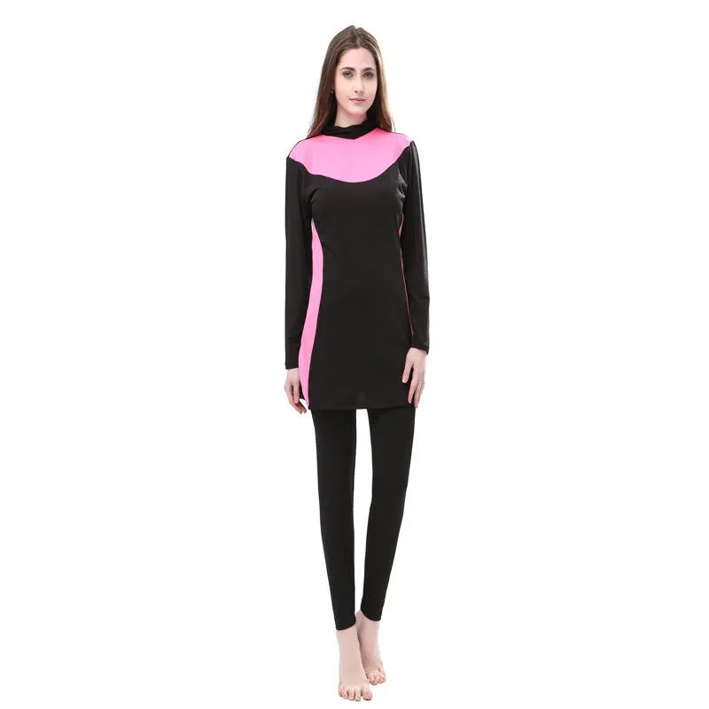 Black women's hooded swimsuit with long sleeves, shown in a conservative full-coverage design for swimming.