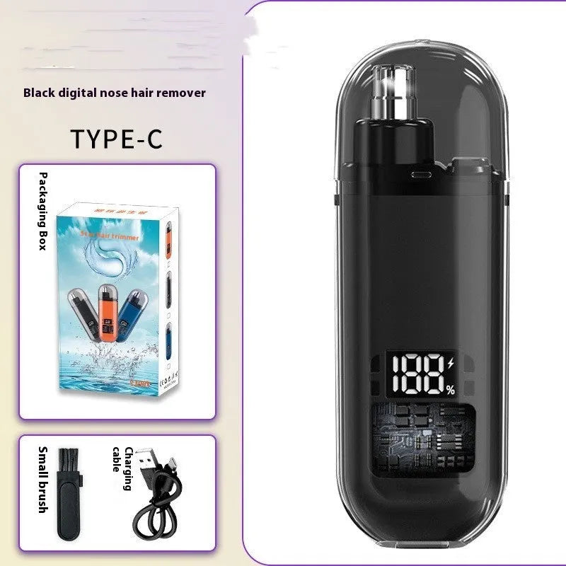 Rechargeable nose hair trimmer with digital display in black, blue, or orange colours