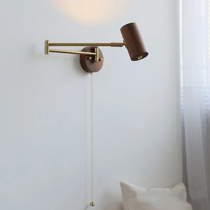 Retro-style wall lamp with a long, rotating arm and classic lamp head, shown in a wood finish with a visible wall switch.