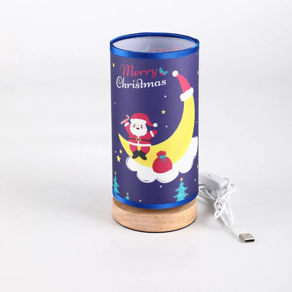 European-style Santa Claus LED night light with USB plug and bamboo base.