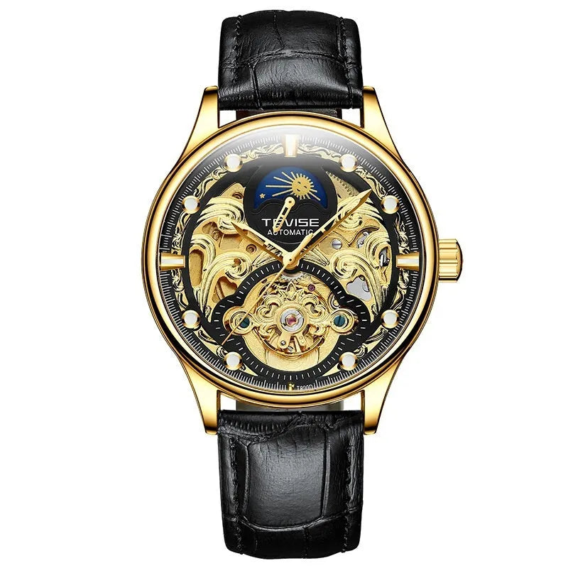 Men's gold leather strap automatic waterproof business watch with mechanical movement