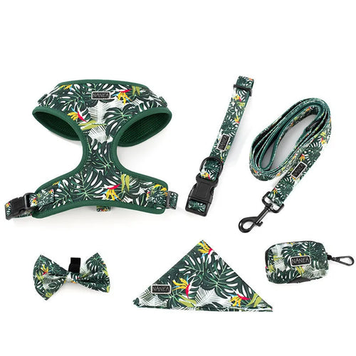Adjustable pet harness set with six accessories including waste bag in cloth material