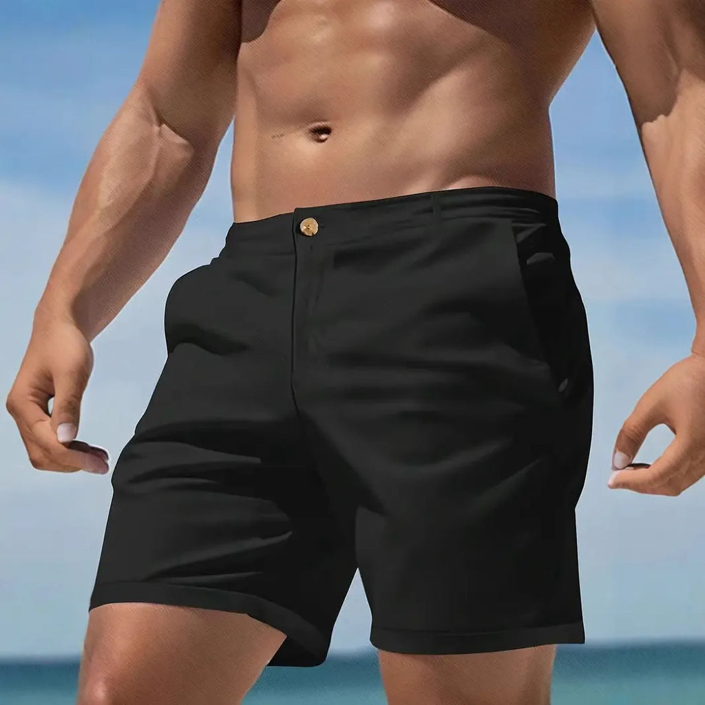 Man wearing grey Korean style straight-leg casual cotton blend shorts.