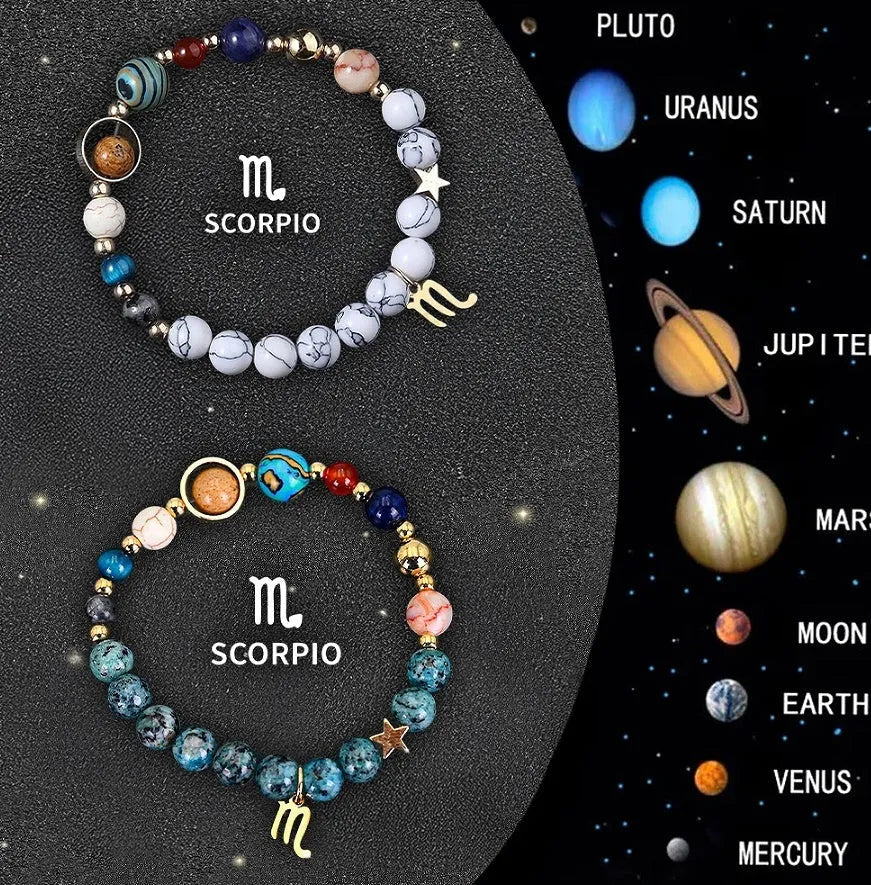Two natural stone beaded bracelets showing different zodiac sign designs on an adjustable cord.