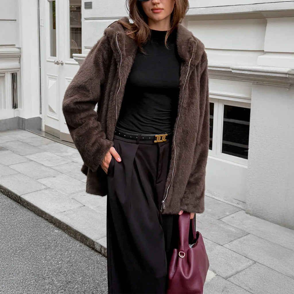 Women's brown polyester coat with faux fur collar long sleeves