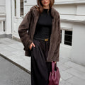 Women's brown polyester coat with faux fur collar long sleeves