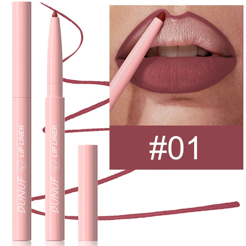 Twelve velvet matte lip liner pencils in a row showing different shades from a 12-colour collection.