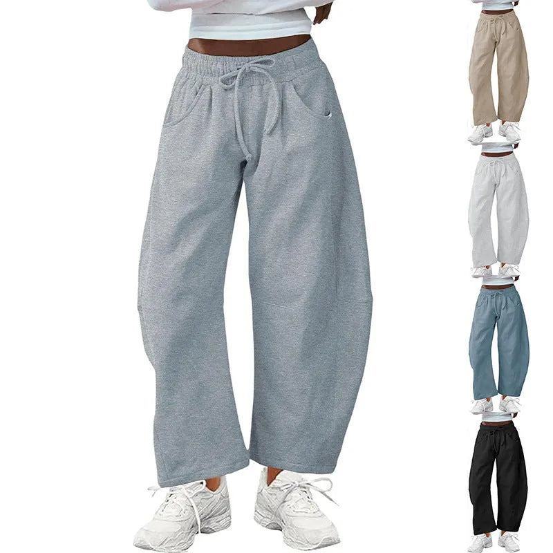Cotton loose cropped sweatpants with elastic waist in seven colour options including apricot and army green