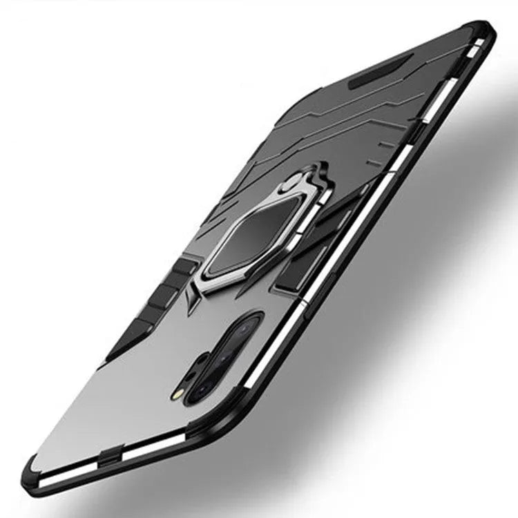 Iron Man magnetic Samsung phone case in black showing integrated metal ring on back.